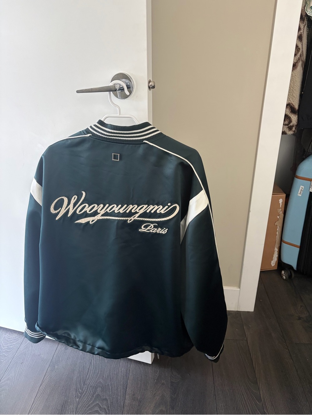 Wooyoungmi Dark Green Satin Varsity Bomber with White Trim